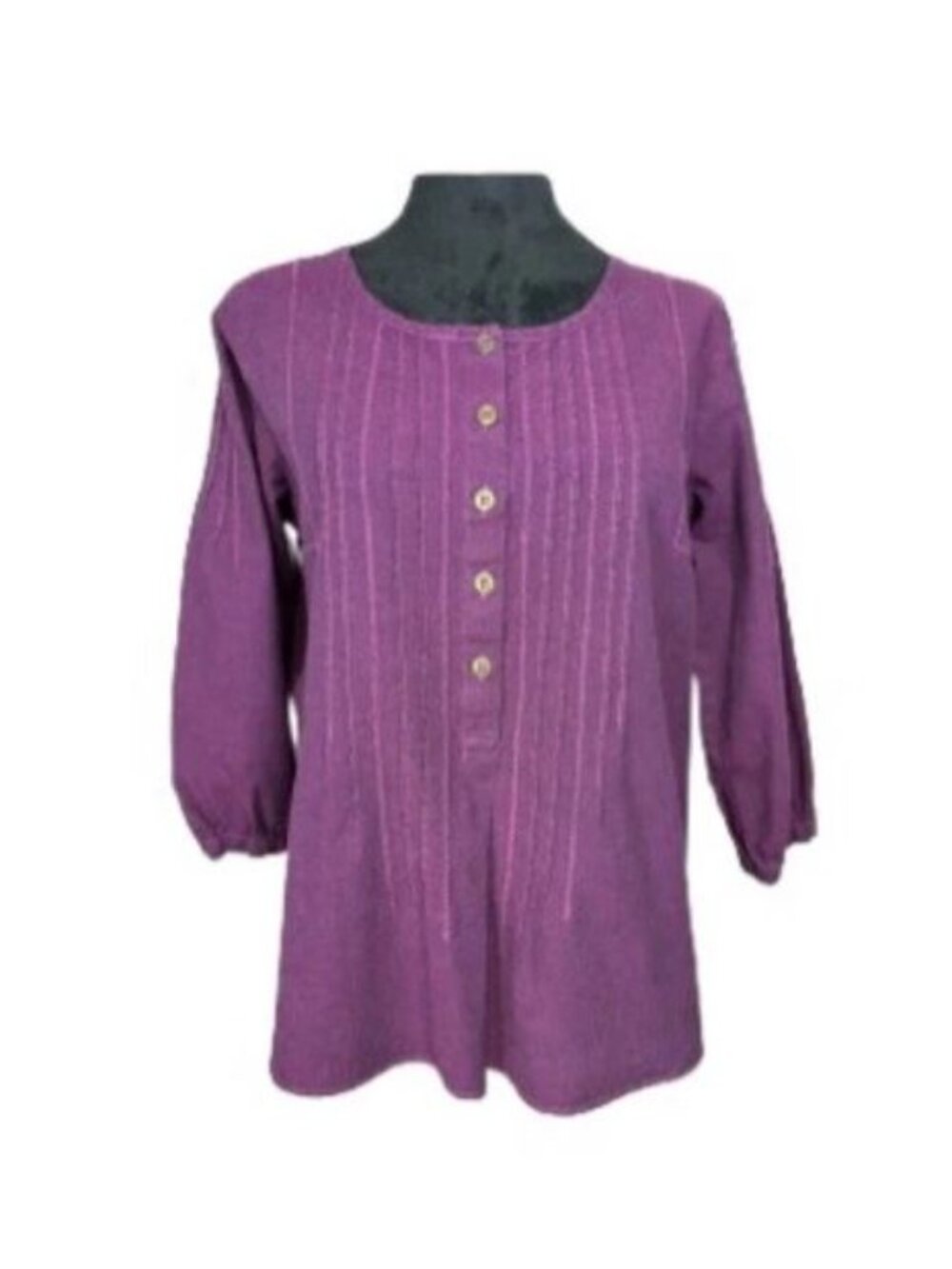 Caribbean Joe Women Sz Medium Petite Shirt 3/4 Sleeve Purple 1/2 Button Pleats